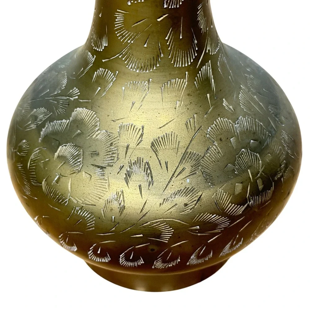 Vintage Etched Brass Bud Vase Tall Floral Engraved India 12